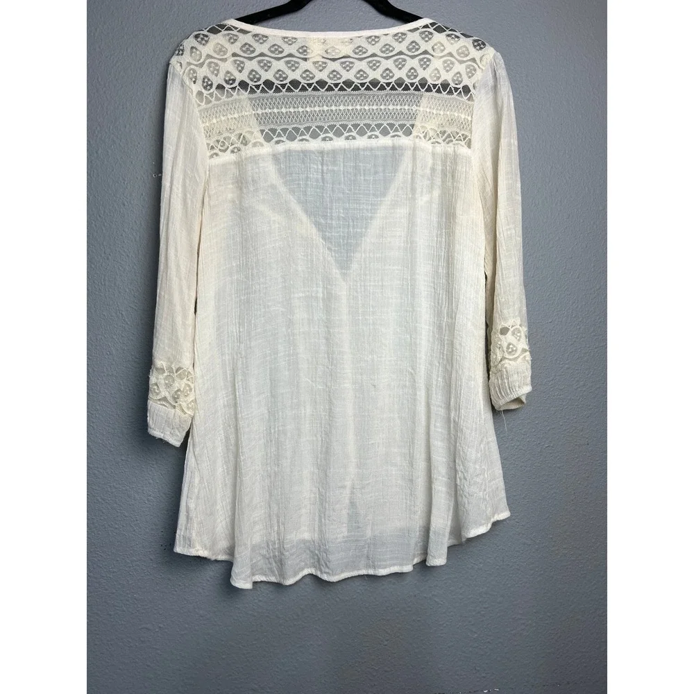 Mudd Lg Ivory Crochet Lace Peasant Cottagecore Blouse 3/4 Sleeve Button Front